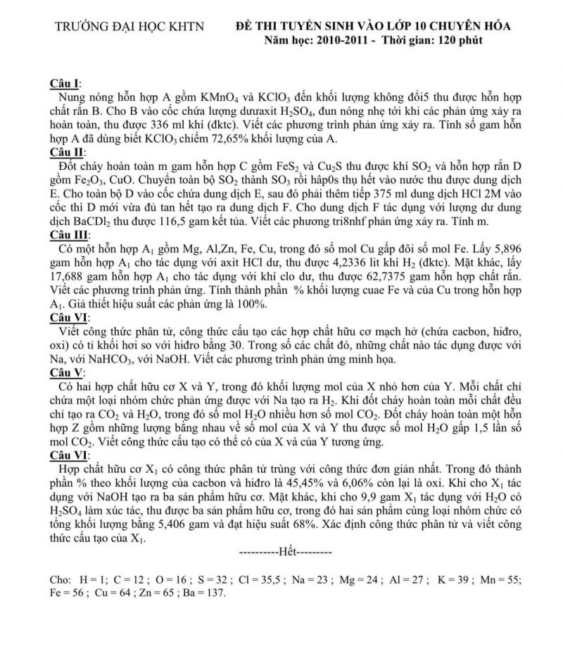 Đề thi tuyển sinh vào lớp 10 THPT CHUYÊN môn Hóa Học Trường Đại học KHTN Hà Nội năm 2011