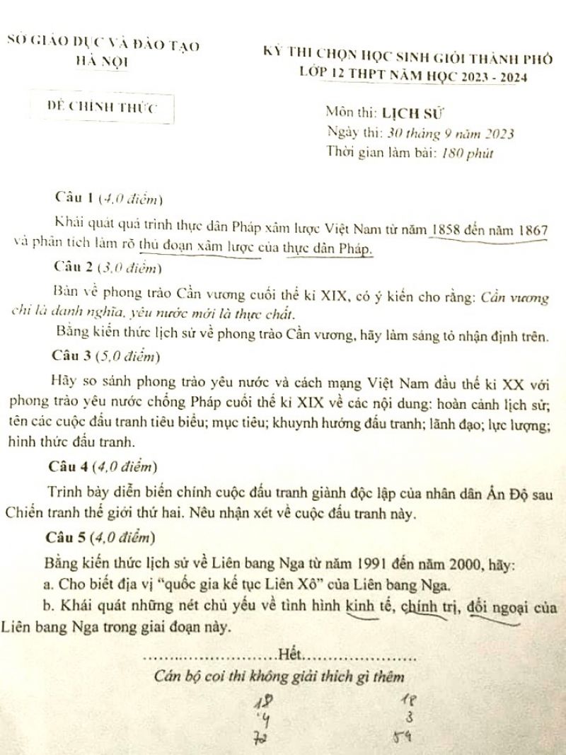 Đề thi chọn đội tuyển dự thi HSG m&ocirc;n Lịch Sử lớp 12 THPT tại H&agrave; Nội năm 2023