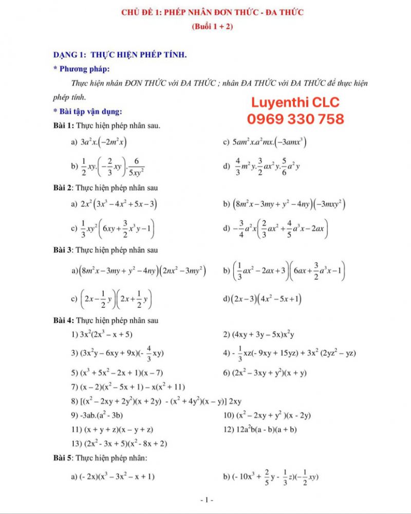 Các dạng bài tập về phép nhân đơn thức - đa thức