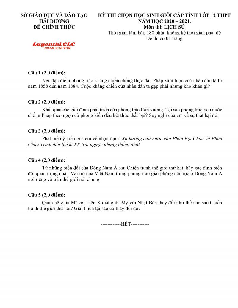 Đề thi chọn HSG m&ocirc;n Lịch Sử lớp 12 THPT tỉnh Hải Dương năm 2020
