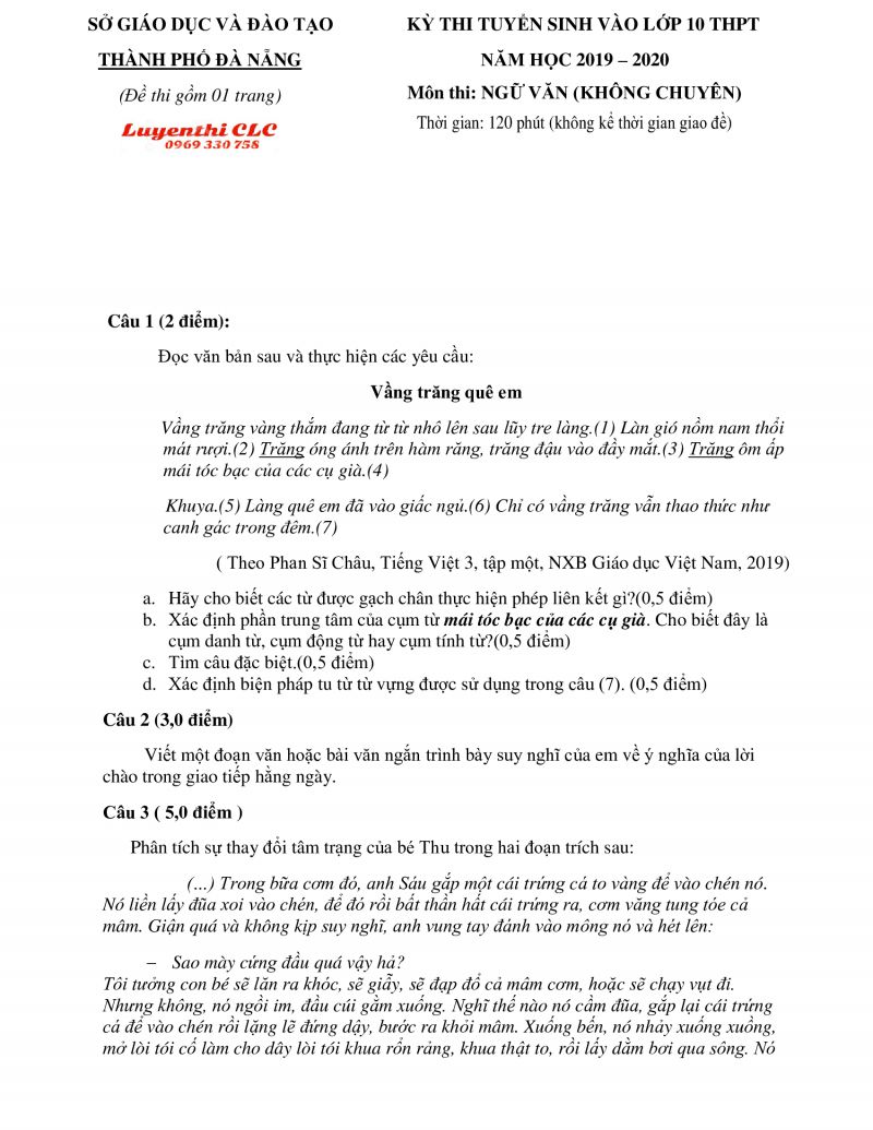 Đề thi tuyển sinh v&agrave;o lớp 10 THPT m&ocirc;n Ngữ Văn tại Đ&agrave; Nẵng năm 2019