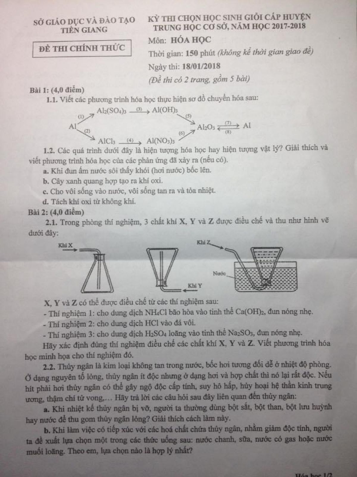 Đề thi chọn HSG môn Hóa Học THCS tỉnh Tiền Giang năm 2018
