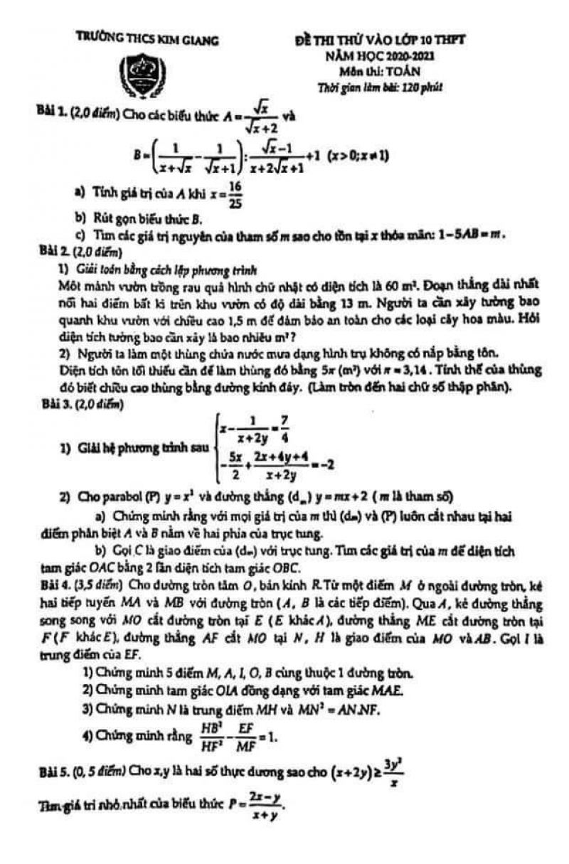 Đề thi thử v&agrave;o lớp 10 THPT m&ocirc;n To&aacute;n Trường THCS Kim Giang năm 2020