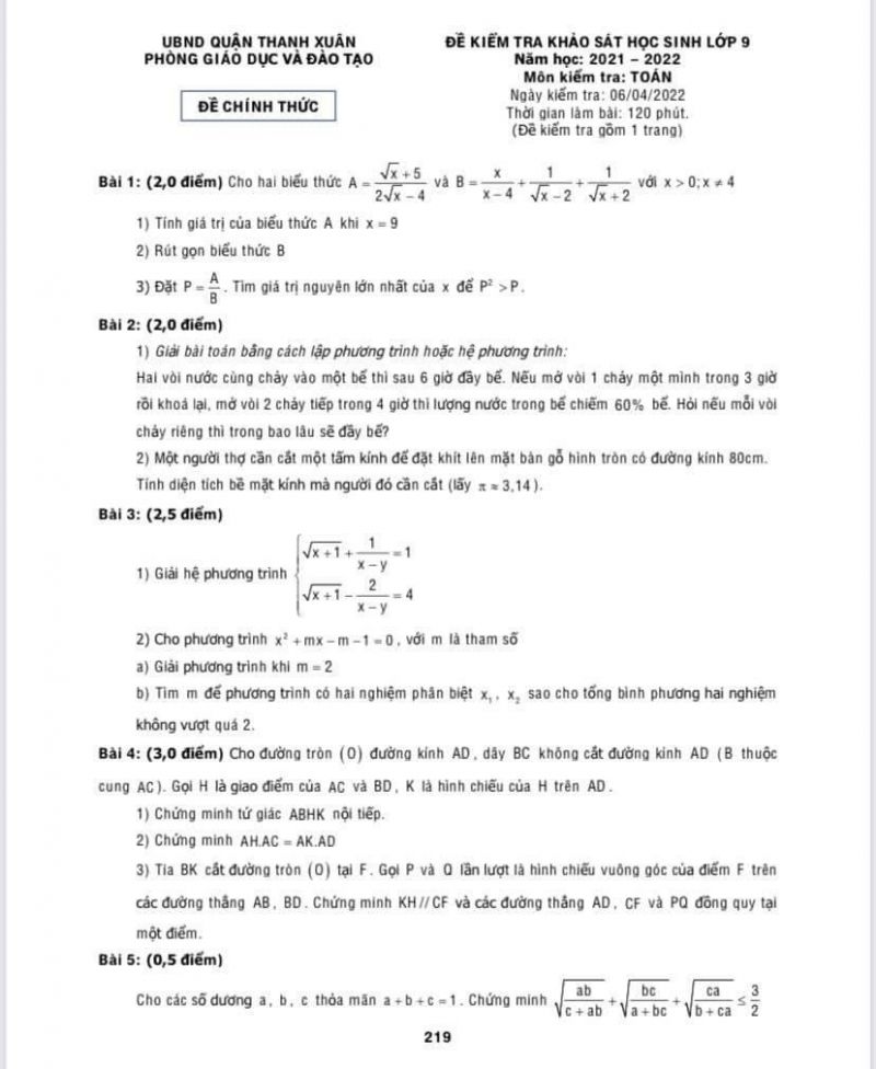 Đề kiểm tra khảo sát học sinh và đáp án môn Toán lớp 9 quận Thanh Xuân năm 2022