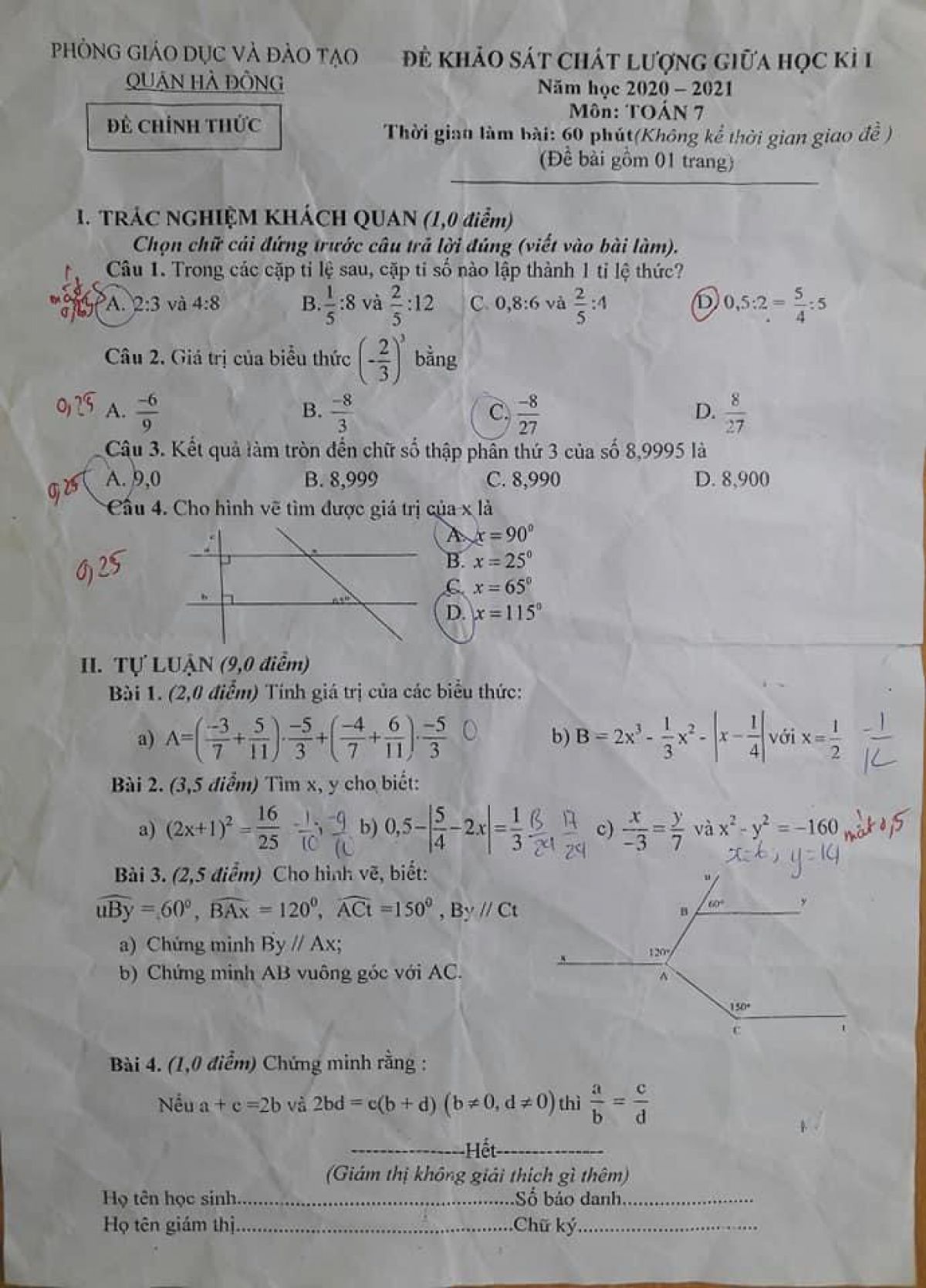 Đề khảo s&aacute;t chất lượng giữa học k&igrave; I m&ocirc;n To&aacute;n 7 quận H&agrave; Đ&ocirc;ng năm 2020