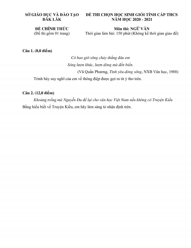 Đề thi chọn HSG m&ocirc;n Ngữ Văn lớp 9 THCS tỉnh Đắk Lắk năm 2020