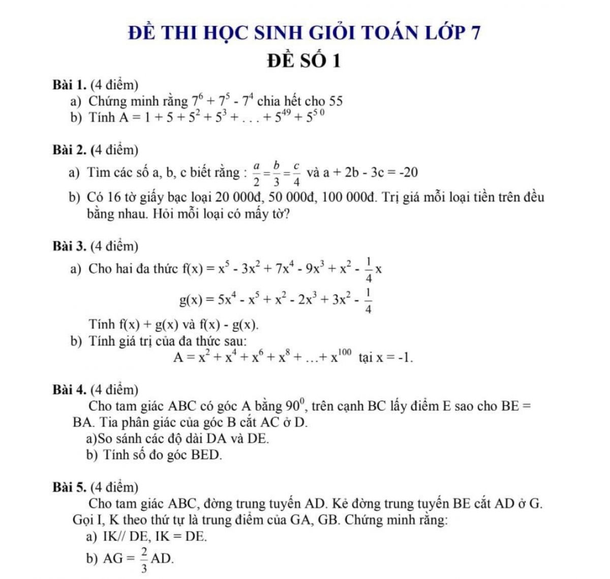 Đề thi HSG m&ocirc;n To&aacute;n lớp 7