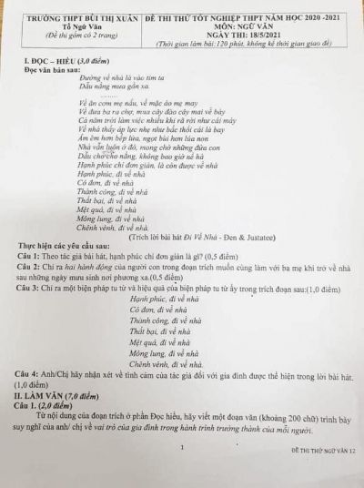 Đề thi thử tốt nghiệp THPT Quốc Gia môn Ngữ Văn Trường THPT Bùi Thị Xuân năm 2021