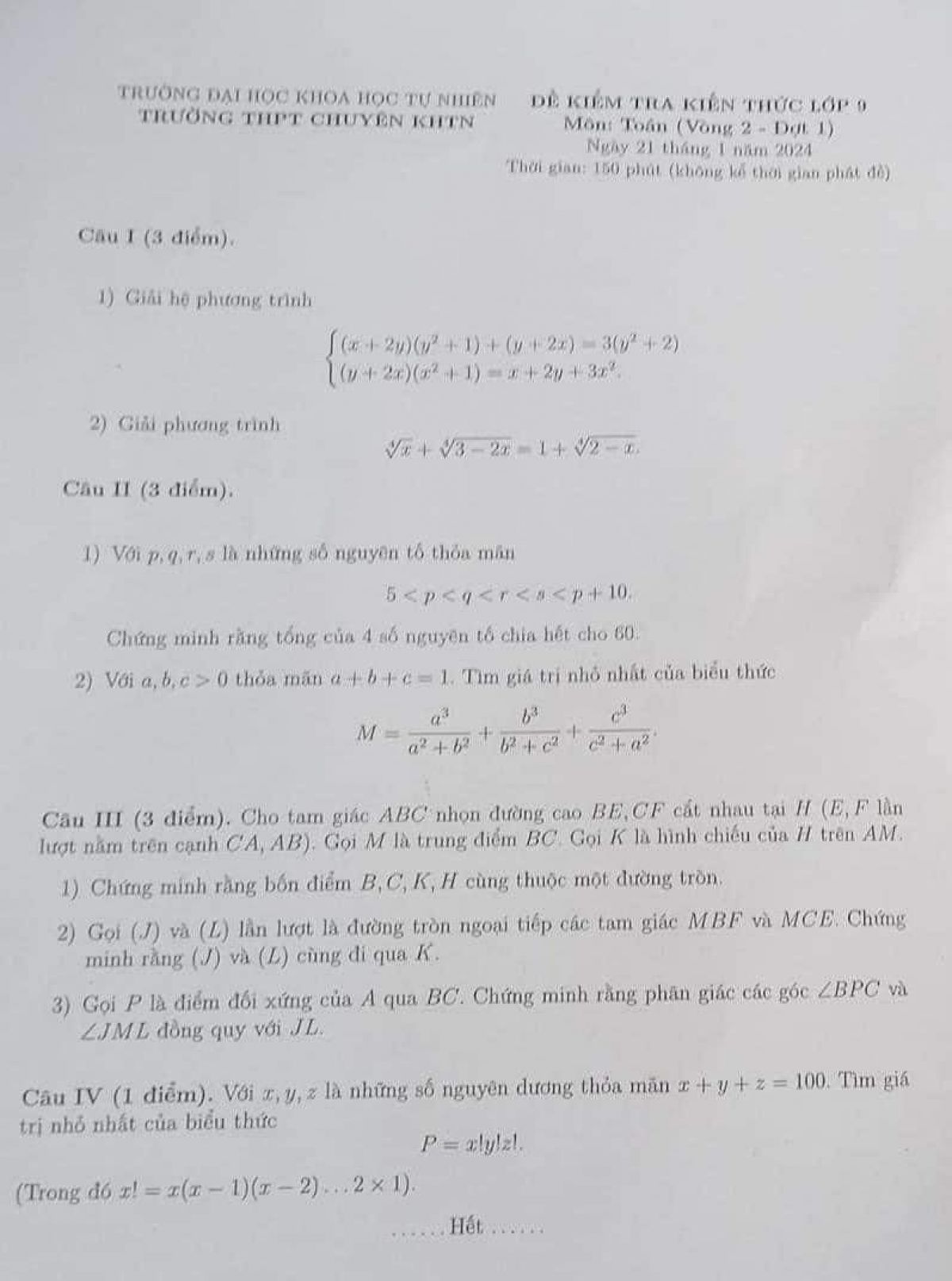 Đề kiểm tra kiến thức môn Toán lớp 9 Vòng 2 - đợt 1 Trường THPT Chuyên KHTN Hà Nội năm 2023