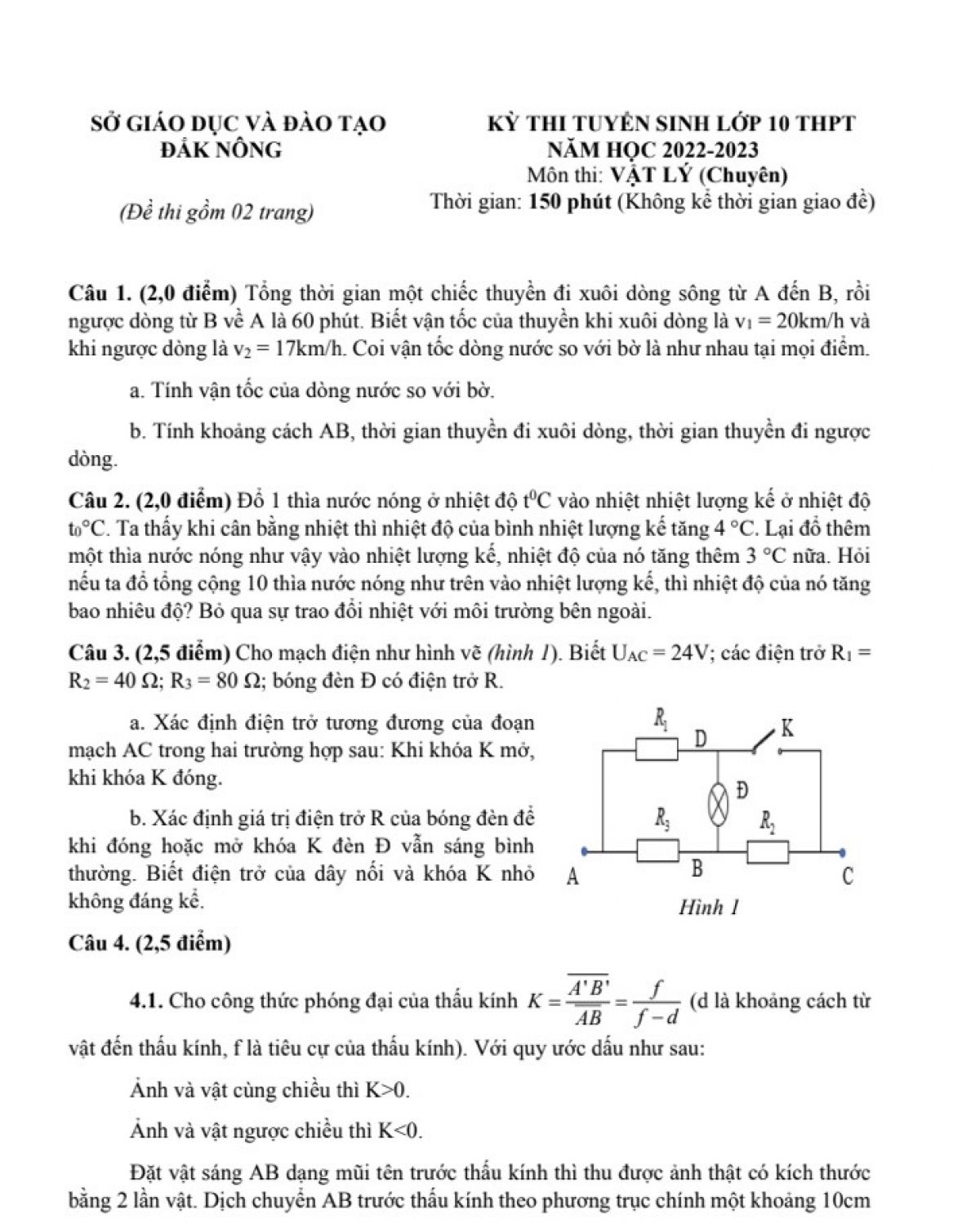 Đề thi tuyển sinh vào lớp 10 THPT môn Vật Lí chuyên tỉnh Đắk Nông năm 2023
