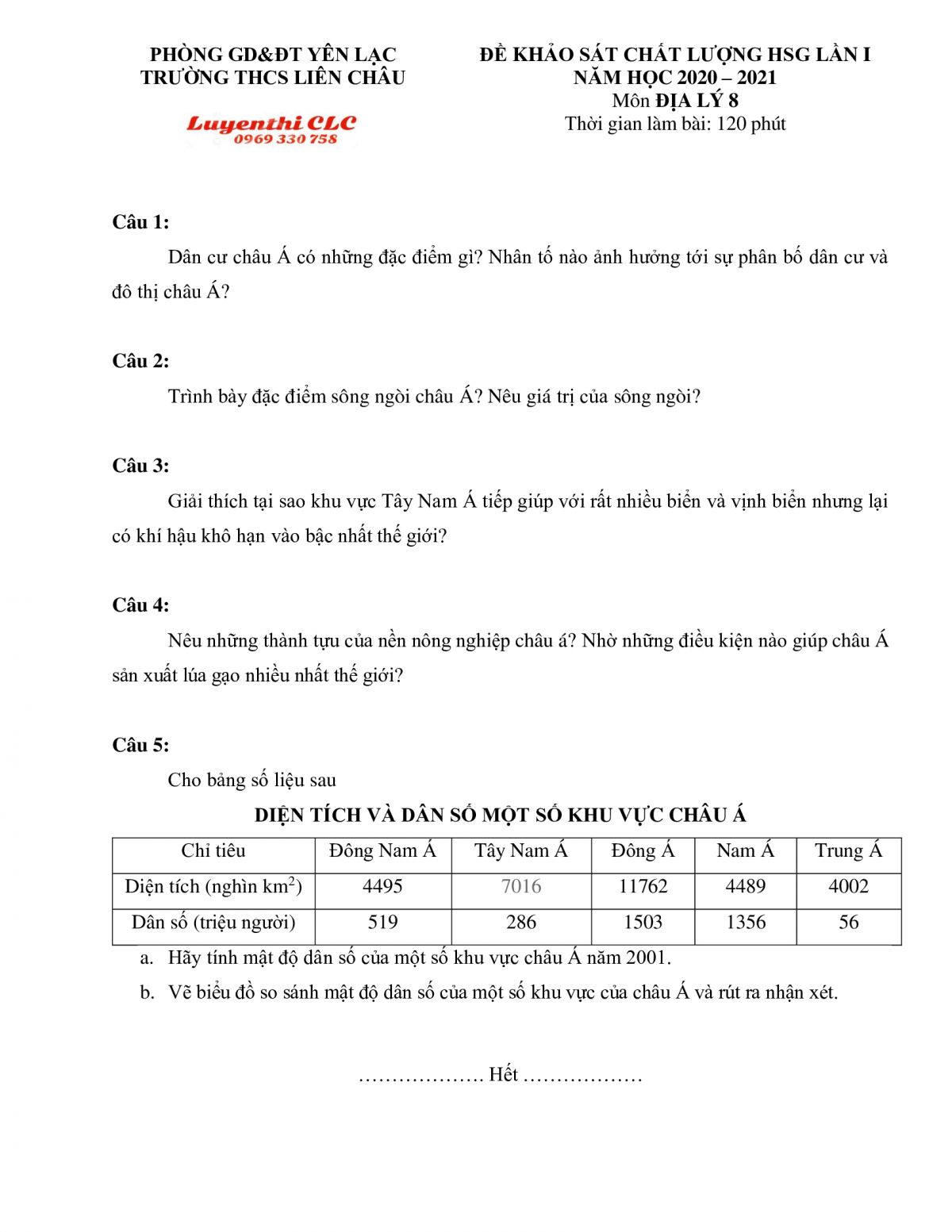 Đề khảo sát chất lượng HSG lần I môn Địa Lí lớp 8 Trường THCS Liên Châu, huyện Yên Lạc, tỉnh Vĩnh Phúc năm 2020