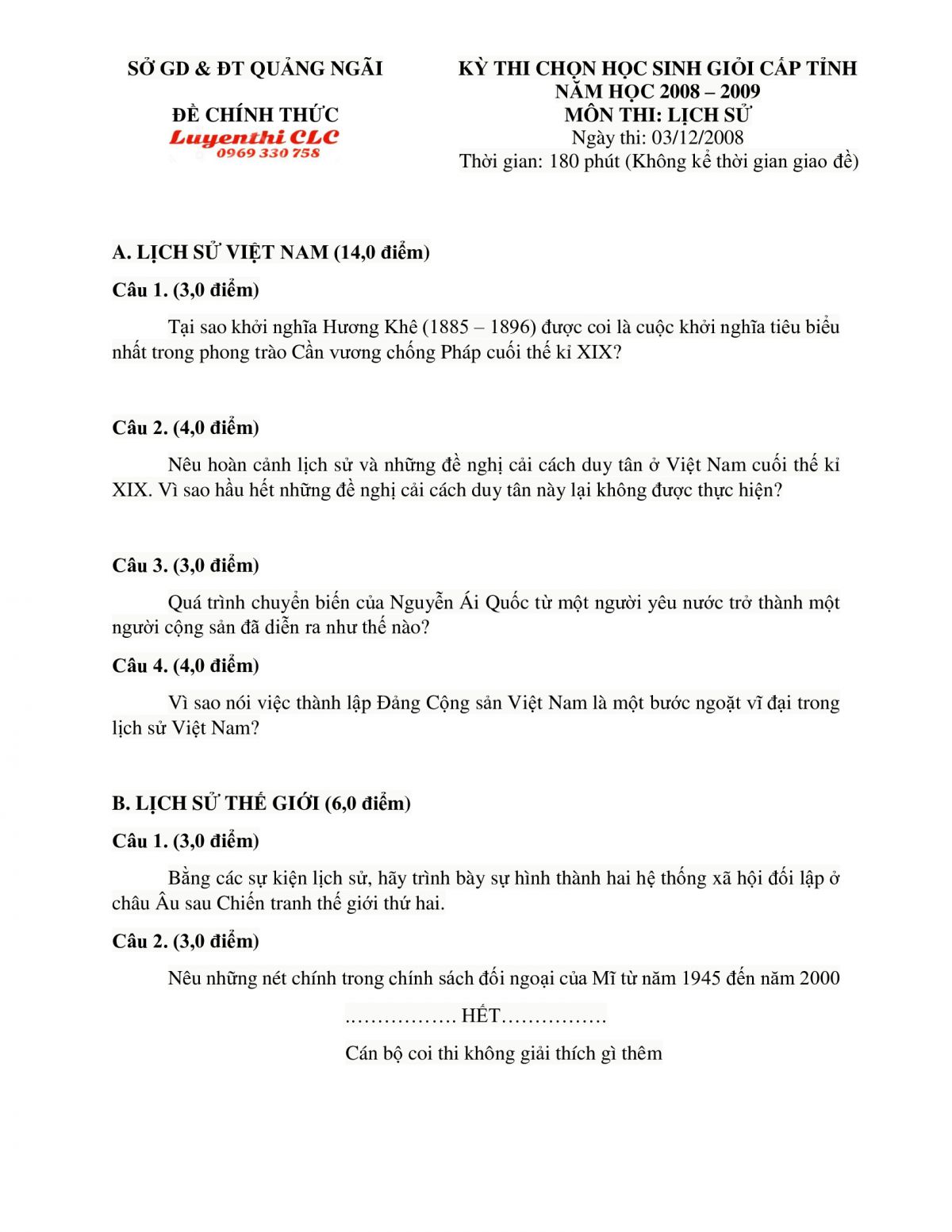 Đề thi chọn HSG m&ocirc;n Lịch Sử tỉnh Quảng Ng&atilde;i năm 2008