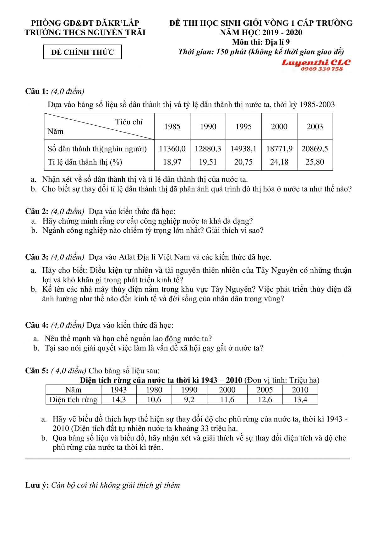 Đề thi chọn HSG m&ocirc;n Địa L&yacute; lớp 9 Trường THCS Nguyễn Tr&atilde;i tỉnh Đắk Lắk năm 2019