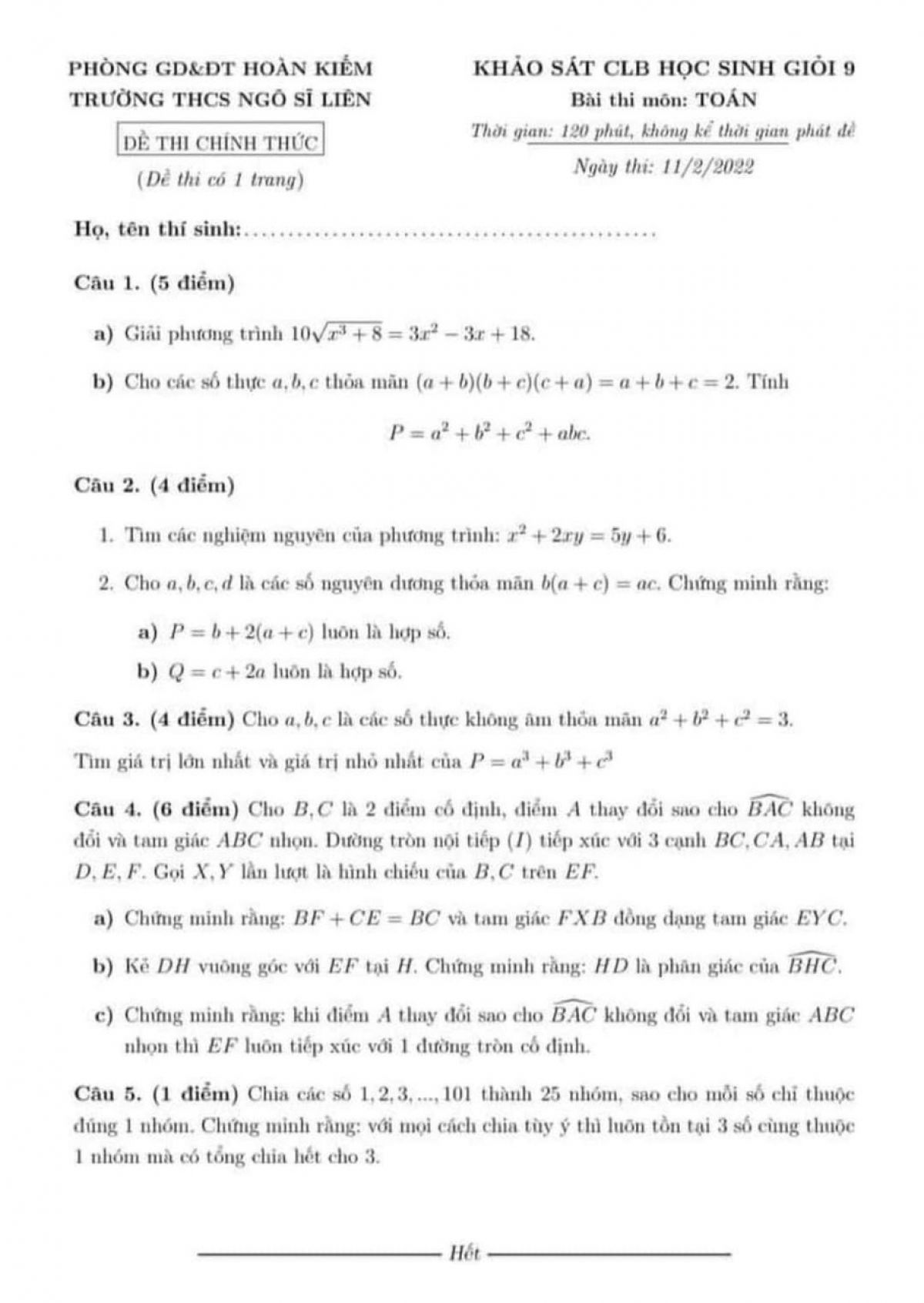 Đề thi khảo sát CLB HSG môn Toán lớp 9 Trường THCS Ngô Sĩ Liên, quận Hoàn Kiếm, Hà Nội năm 2022