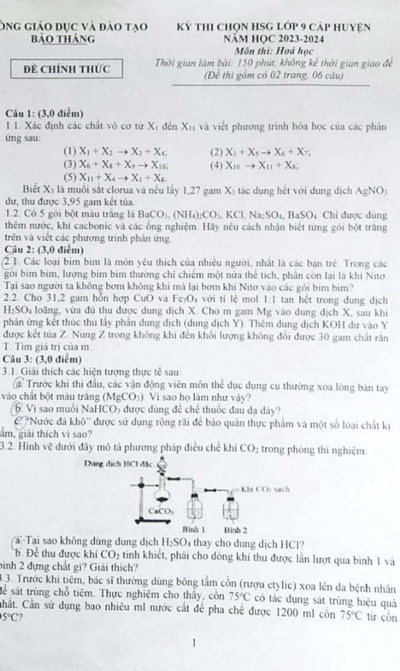 Đề thi chọn HSG môn Hóa Học lớp 9 huyện Bảo Thắng tỉnh Lào Cai năm 2023