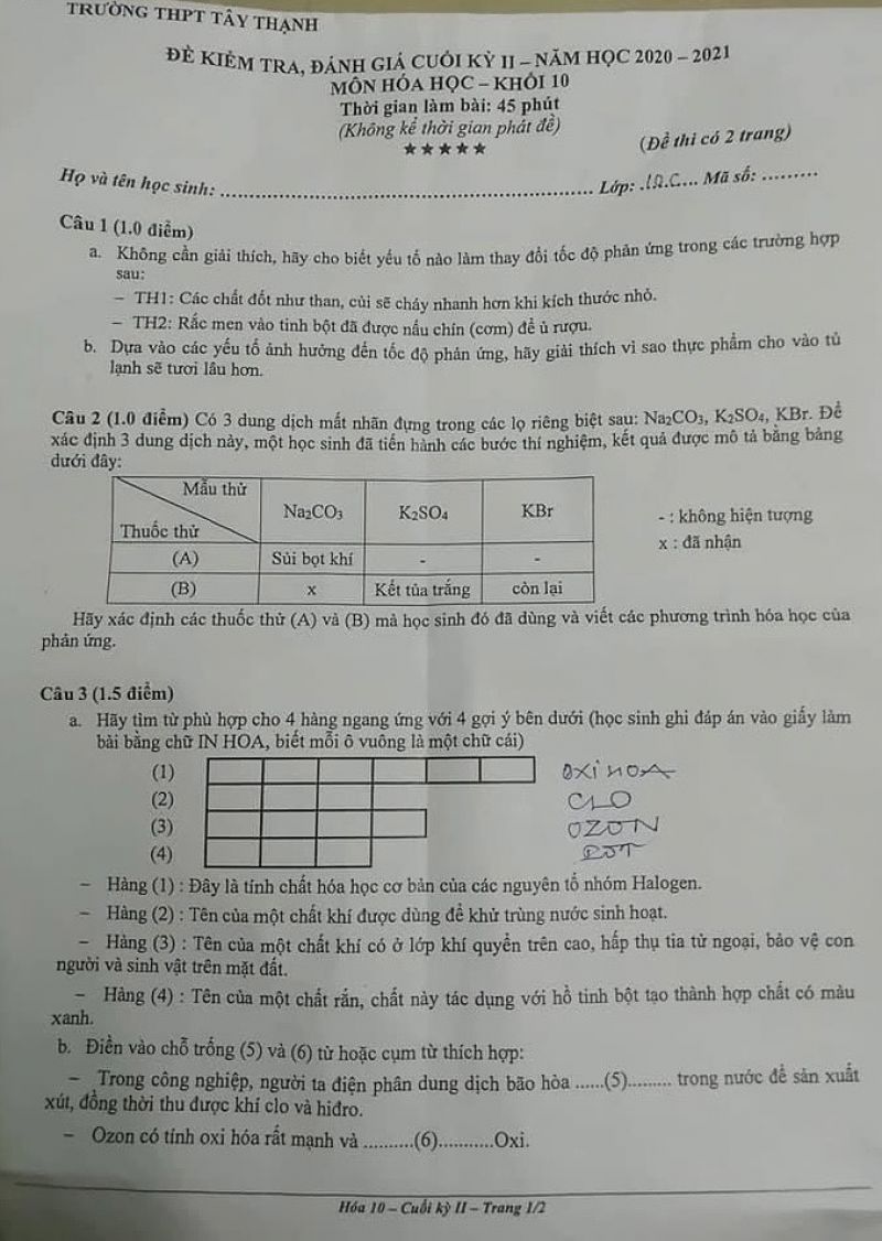 Đề kiểm tra đ&aacute;nh gi&aacute; cuối học k&igrave; I m&ocirc;n H&oacute;a Học khối 10 Trường THPT T&acirc;y Thạnh, Th&agrave;nh phố Hồ Ch&iacute; Minh năm 2021