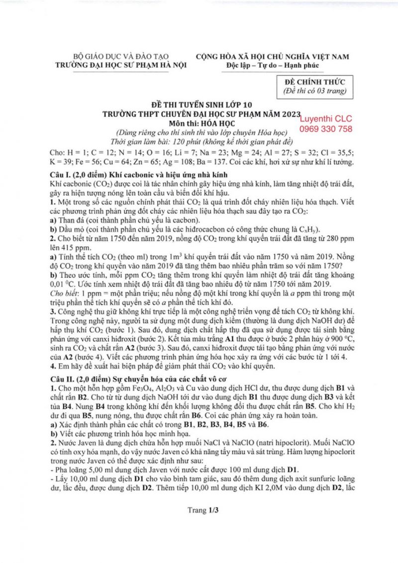 Đề thi tuyển sinh vào lớp 10 và đáp án môn Hóa Học Trường THPT CHUYÊN Đại học Sư phạm Hà Nội năm 2023