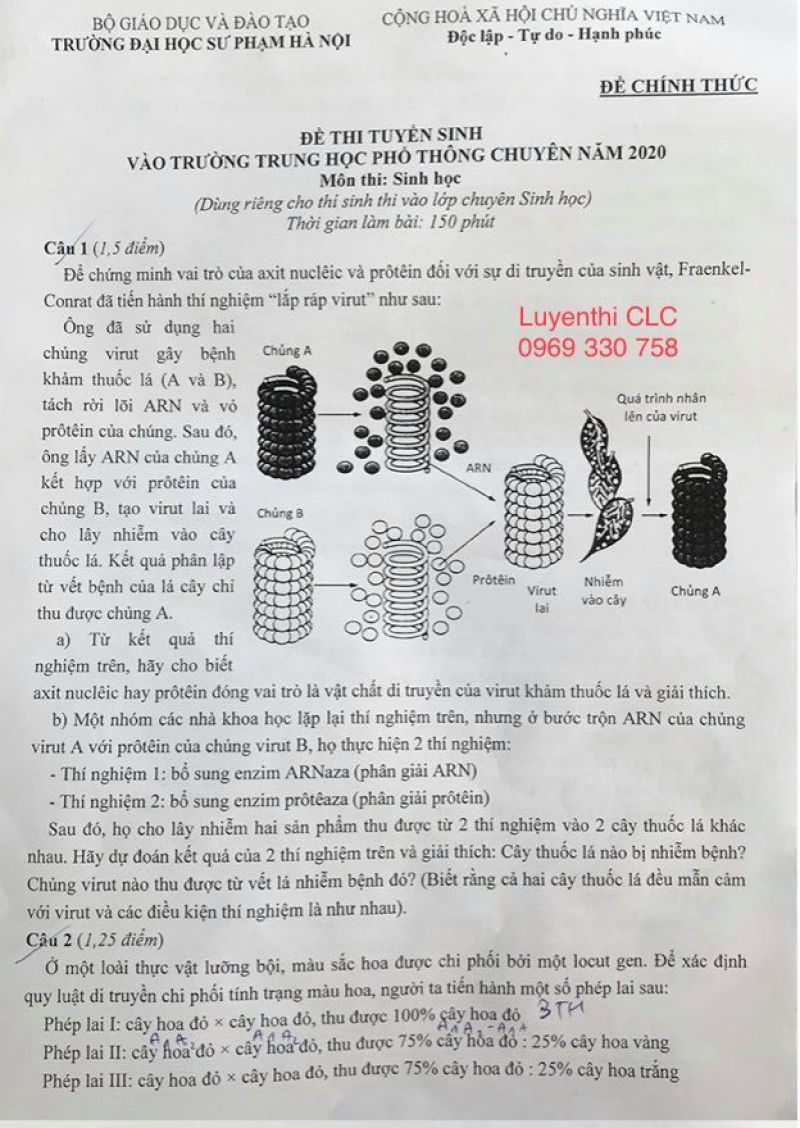 Đề thi m&ocirc;n Sinh (chuy&ecirc;n) - tuyển sinh v&agrave;o lớp 10 THPT chuy&ecirc;n ĐHSP H&agrave; Nội năm 2020