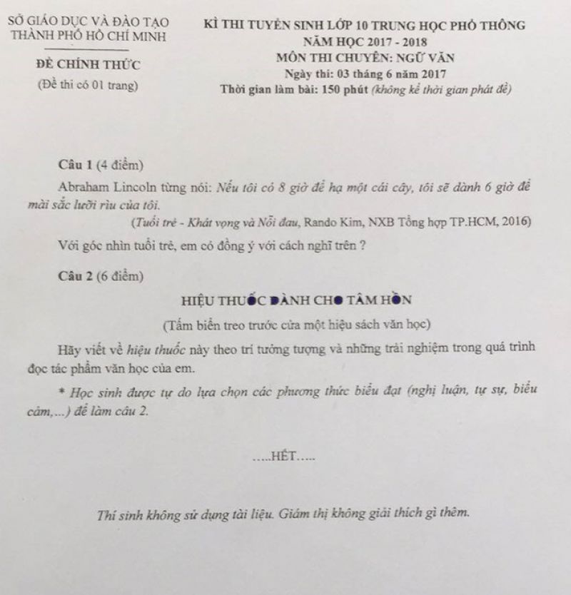 Đề thi tuyển sinh v&agrave;o lớp 10 THPT CHUY&Ecirc;N m&ocirc;n Ngữ Văn Th&agrave;nh phố Hồ Ch&iacute; Minh năm 2017