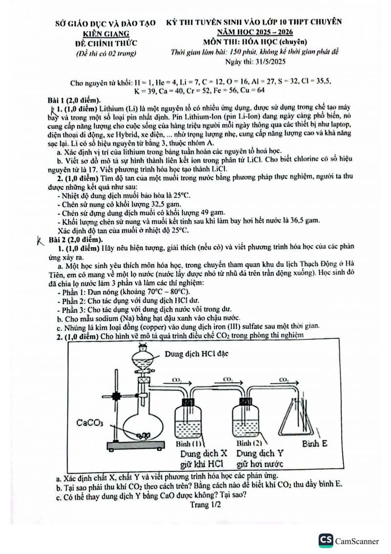 Đề thi tuyển sinh vào 10 môn Hóa (chuyên) - Sở Kiên Giang năm 2025