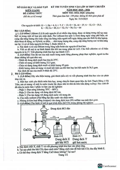 Đề thi tuyển sinh vào 10 môn Hóa (chuyên) - Sở Kiên Giang năm 2025