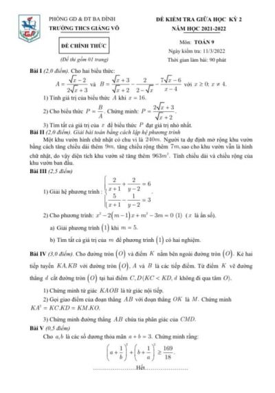 Đề kiểm tra giữa học kỳ II môn Toán lớp 9 Trường THCS Giảng Võ, quận Ba Đình, Hà Nội năm 2022