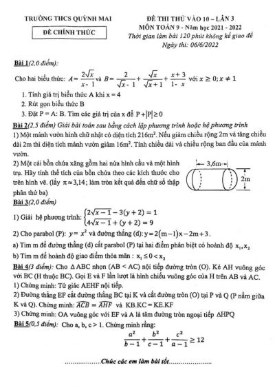 Đề thi thử vào lớp 10 lần 3 môn Toán lớp 9 Trường THCS Quỳnh Mai năm 2022