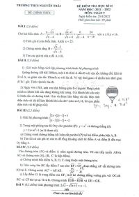Đề kiểm tra học kì 2 môn Toán lớp 9 Trường THCS Nguyễn Trãi năm 2022