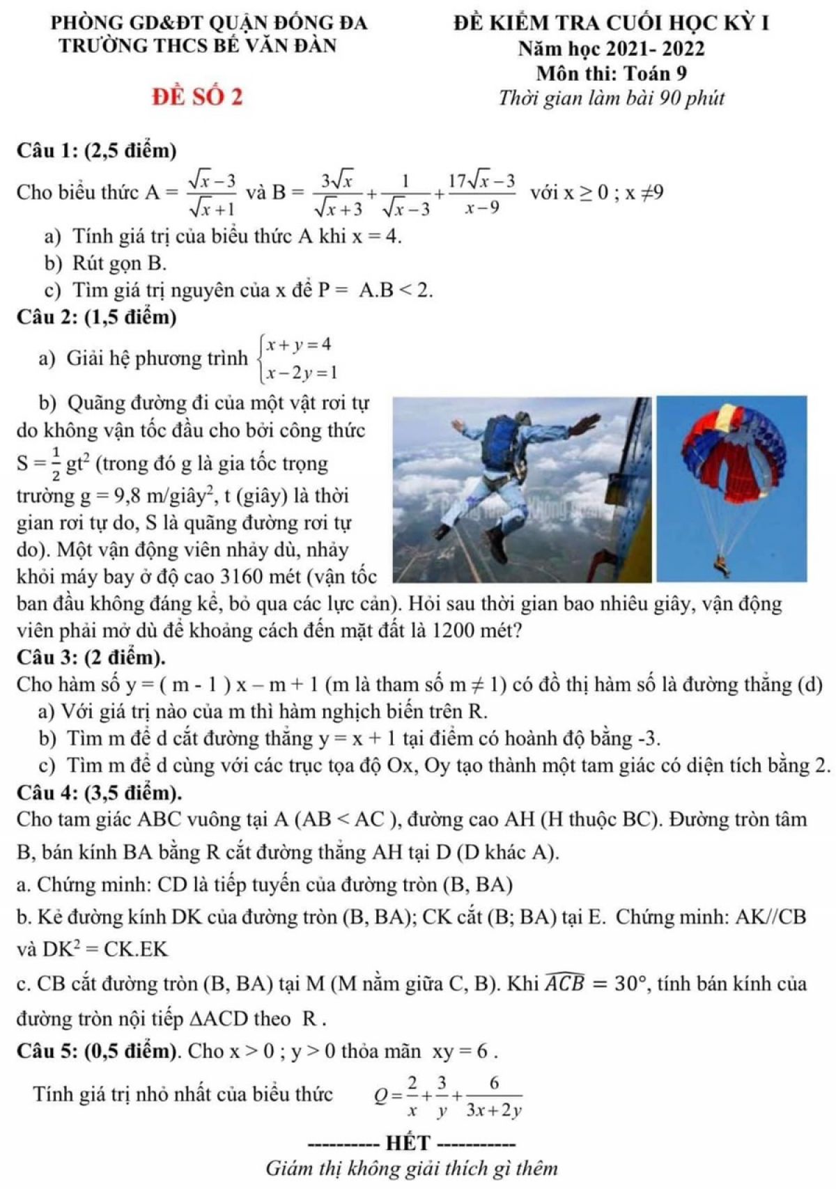 Đề kiểm tra cuối kì I môn Toán lớp 9 Trường THCS Bế Văn Đàn, quận Đống Đa, Hà Nội năm 2022  – Đề số 2