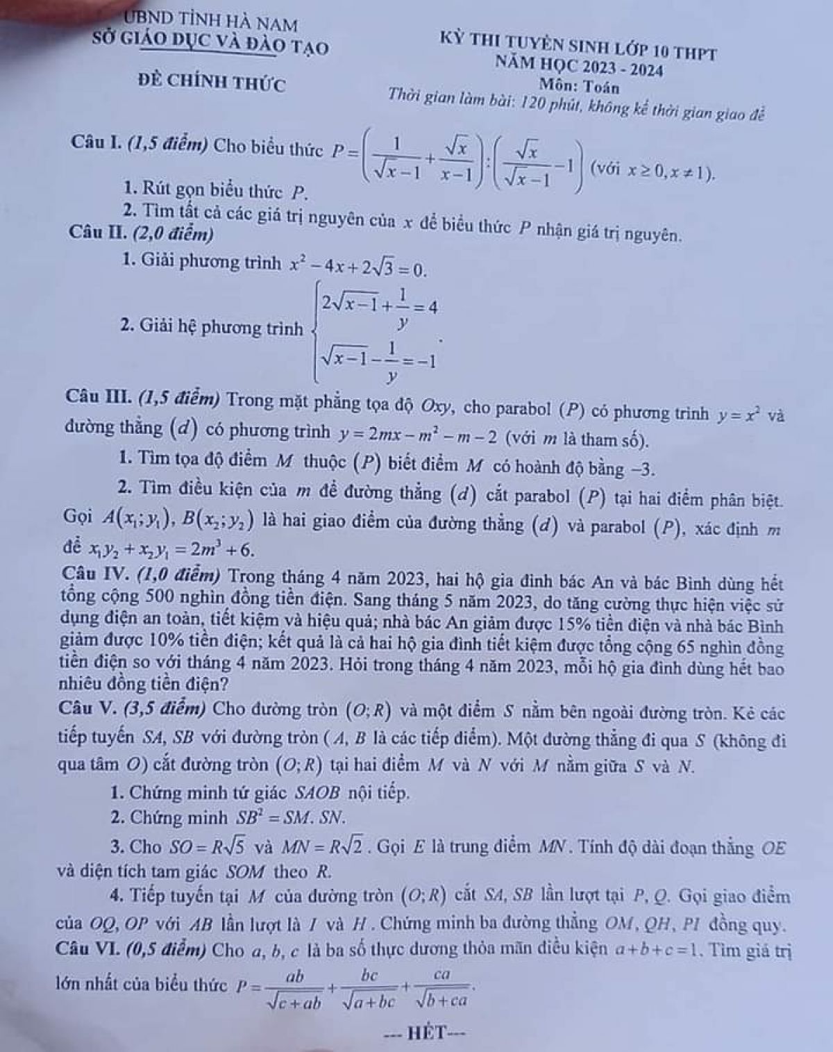 Đề thi tuyển sinh v&agrave;o lớp 10 THPT m&ocirc;n To&aacute;n tỉnh H&agrave; Nam năm 2023