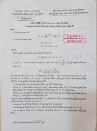Đề thi tuyển sinh v&agrave;o lớp 10 THPT m&ocirc;n To&aacute;n Trường THPT CHUY&Ecirc;N KHTN năm 2018