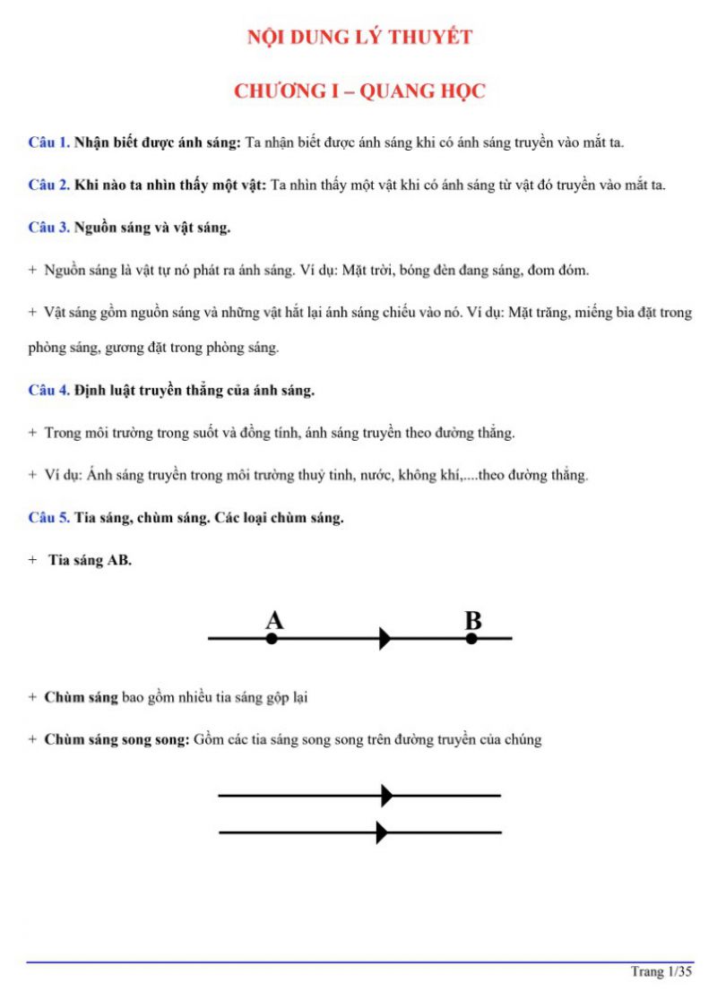 Một số nội dung &ocirc;n tập m&ocirc;n Vật L&yacute; lớp 7 - Chương 1 - Quang học