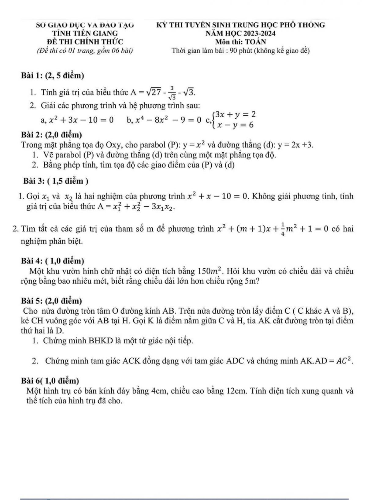 Đề thi tuyển sinh THPT môn Toán tỉnh Tiền Giang năm 2023