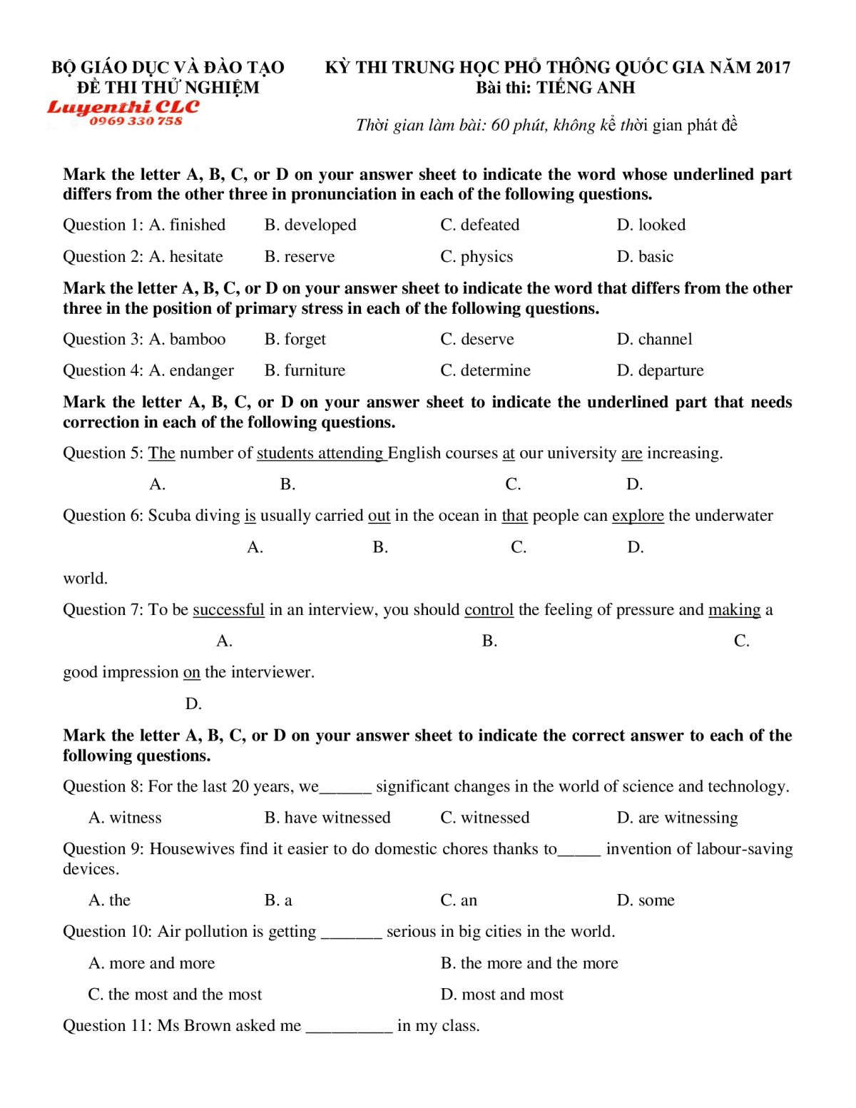 Đề thi THPT Quốc Gia v&agrave; đ&aacute;p &aacute;n m&ocirc;n Tiếng Anh năm 2017 ( Đề thi thử nghiệm )