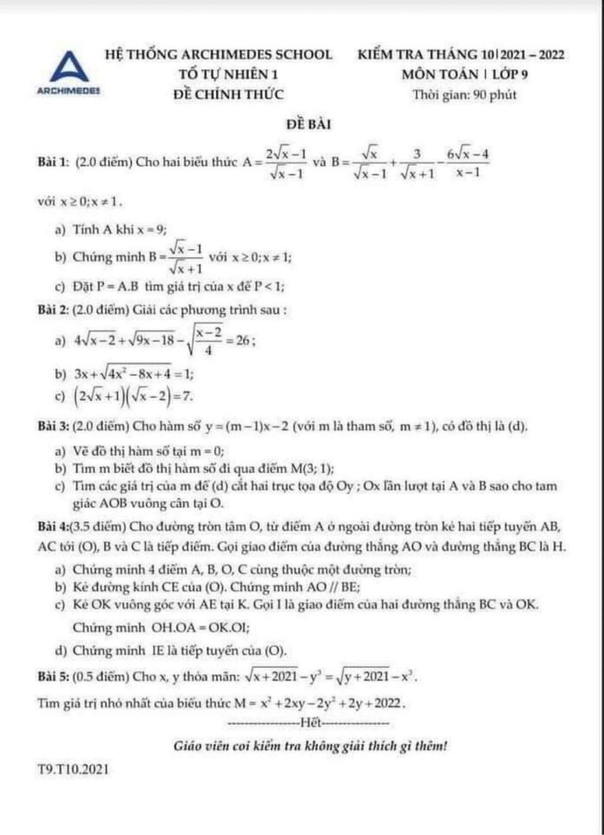 Đề kiểm tra th&aacute;ng 10 m&ocirc;n To&aacute;n lớp 9 tại Archimedes School năm 2022