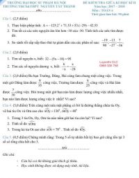 Đề kiểm tra giữa học k&igrave; II m&ocirc;n To&aacute;n lớp 6 Trường THCS &amp; THPT Nguyễn Tất Th&agrave;nh, H&agrave; Nội năm 2017