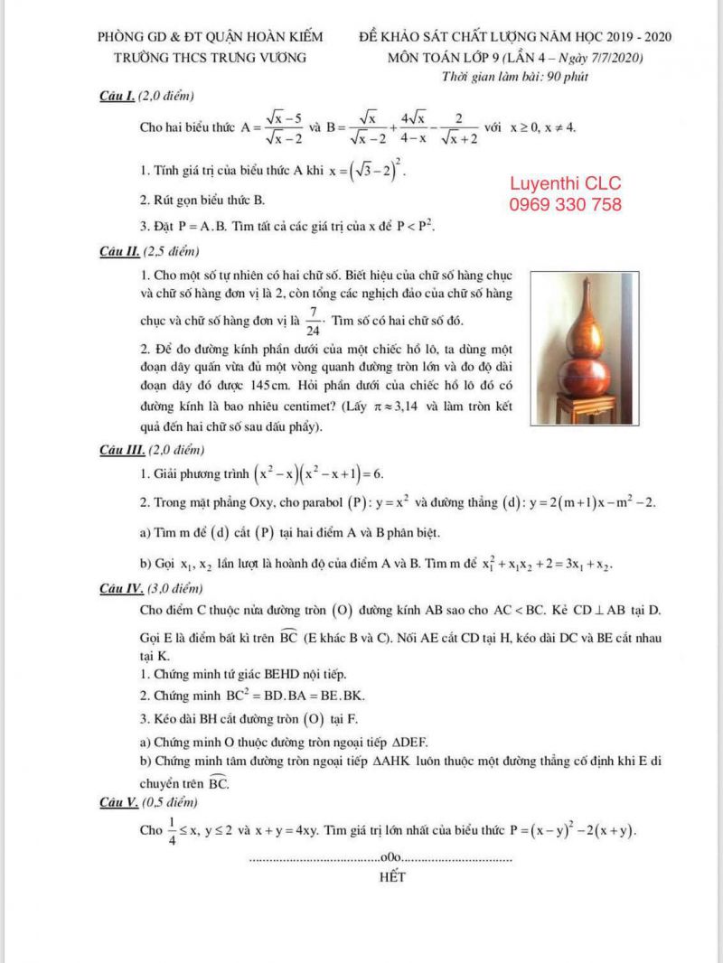 Đề khảo sát chất lượng môn TOÁN lớp 9 và đáp án Trường THCS Trưng Vương Hà Nội ngày 07/07/2020
