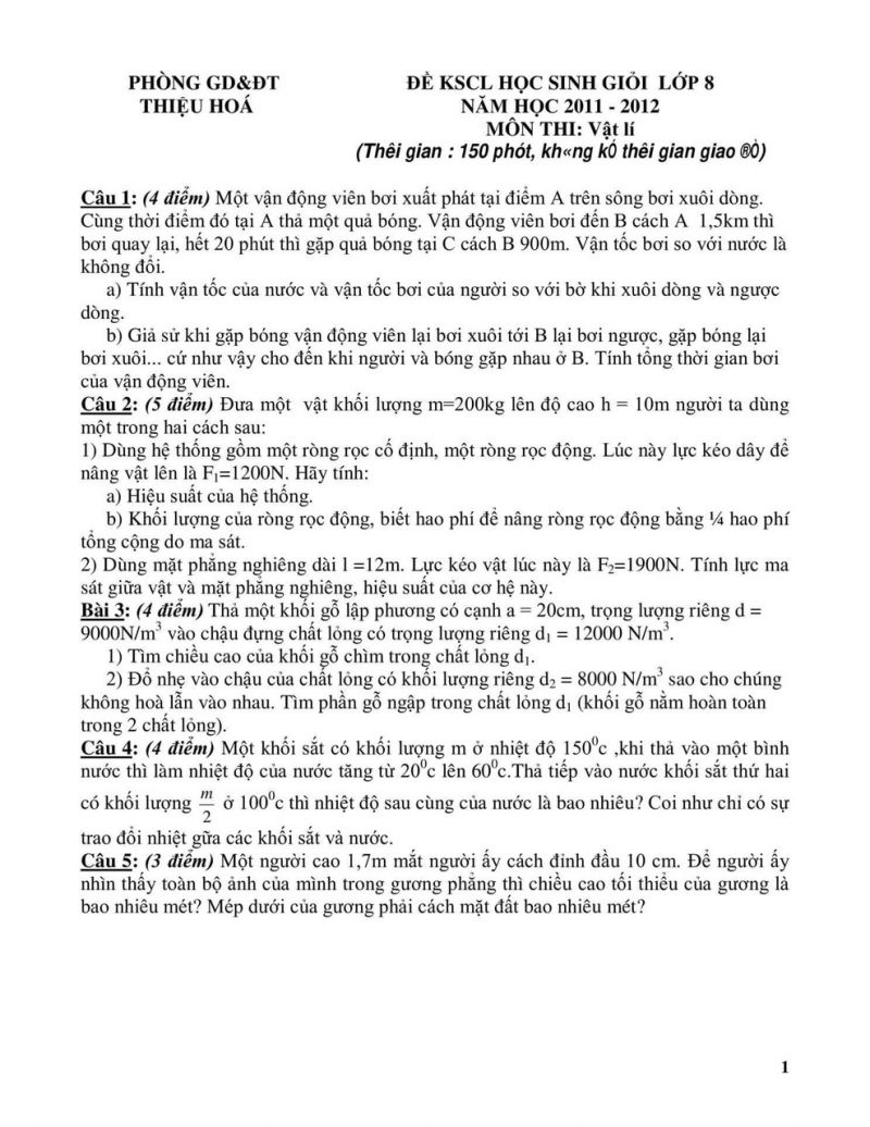 Đề khảo s&aacute;t chất lượng học sinh giỏi lớp 8 m&ocirc;n Vật l&yacute; huyện Thiệu H&oacute;a, Thanh H&oacute;a năm 2011