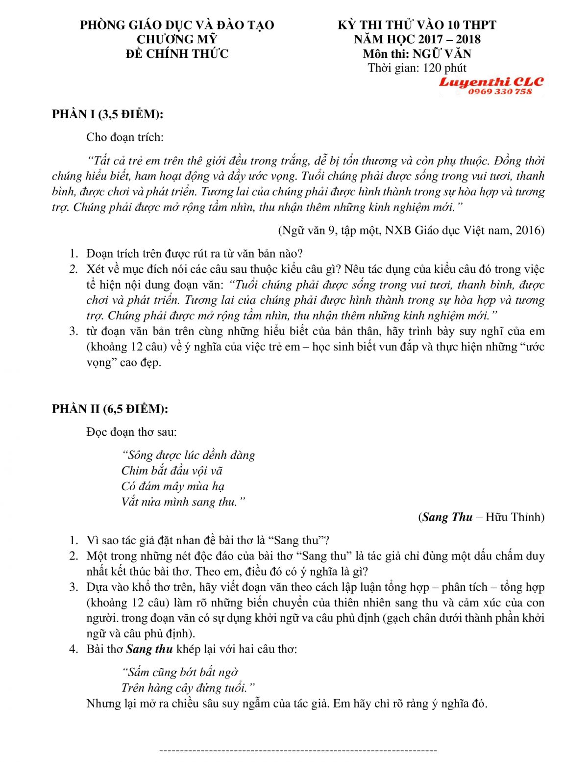 Đề thi thử v&agrave;o lớp 10 THPT m&ocirc;n Ngữ Văn huyện Chương Mỹ, H&agrave; Nội năm 2018