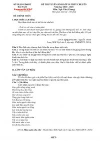 Đề thi tuyển sinh v&agrave;o lớp 10 THPT CHUY&Ecirc;N m&ocirc;n Ngữ Văn tỉnh H&agrave; Nam năm 2021