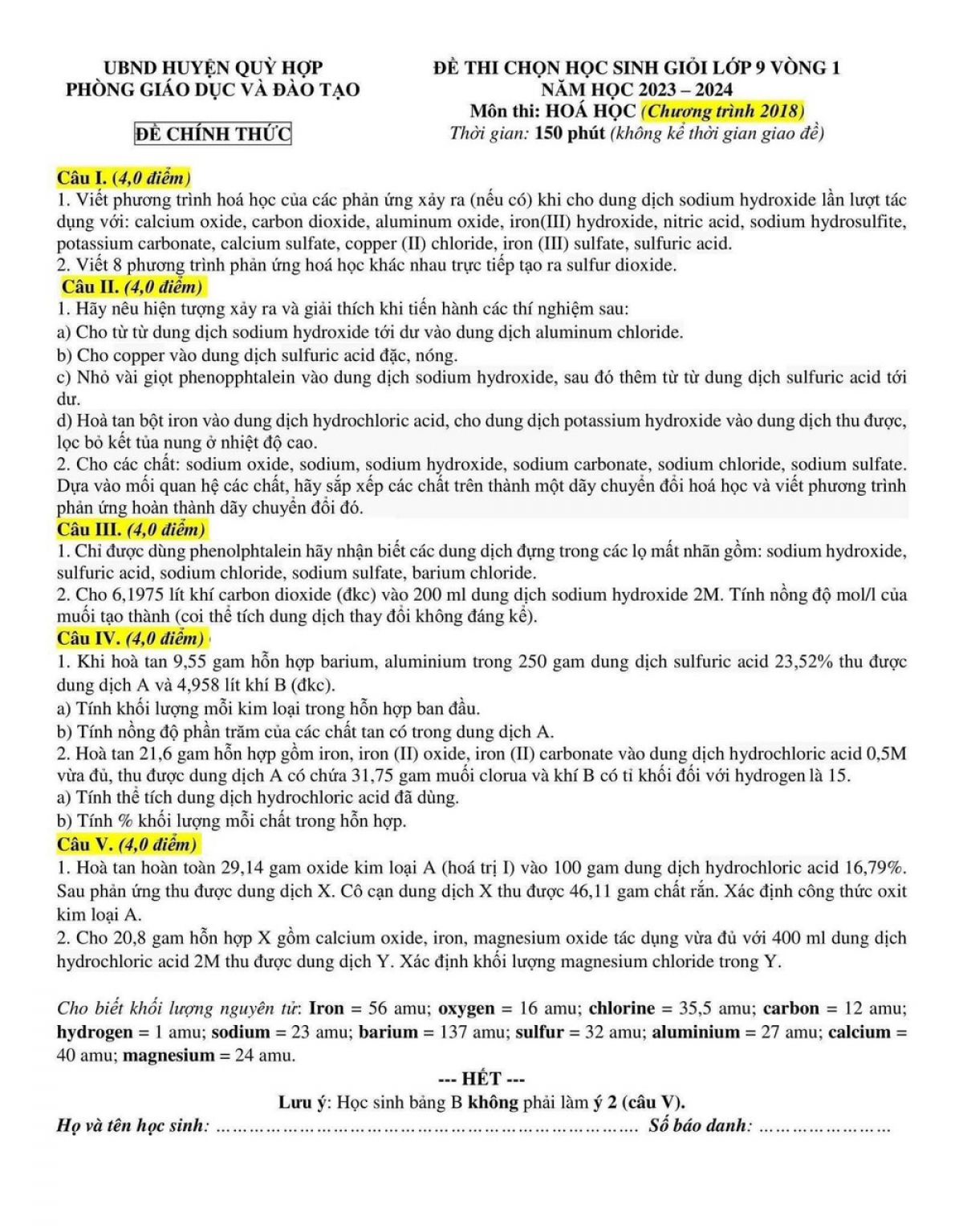 Đề thi chọn HSG môn Hóa Học lớp 9 - Vòng 1 huyện Quỳ Hợp tỉnh Nghệ An năm 2023 ( Chương trình 2018)