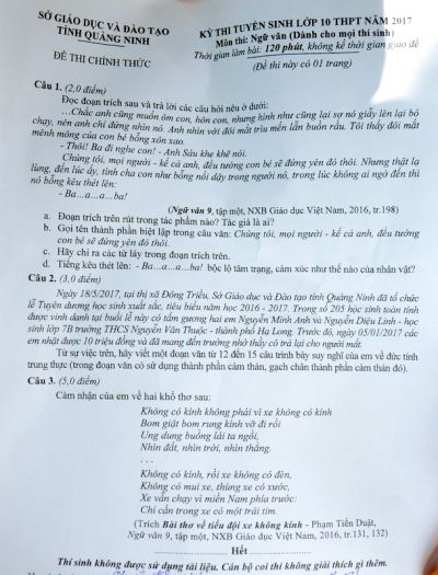 Đề thi tuyển sinh vào lớp 10 THPT môn Ngữ Văn tỉnh Quảng Ninh năm 2017