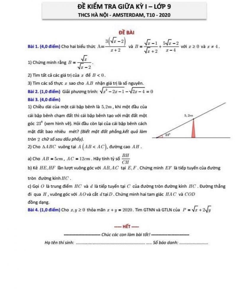 Đề kiểm tra giữa k&igrave; I v&agrave; đ&aacute;p &aacute;n m&ocirc;n To&aacute;n lớp 9 th&aacute;ng 10 Trường THCS AMSTERDAM năm 2020