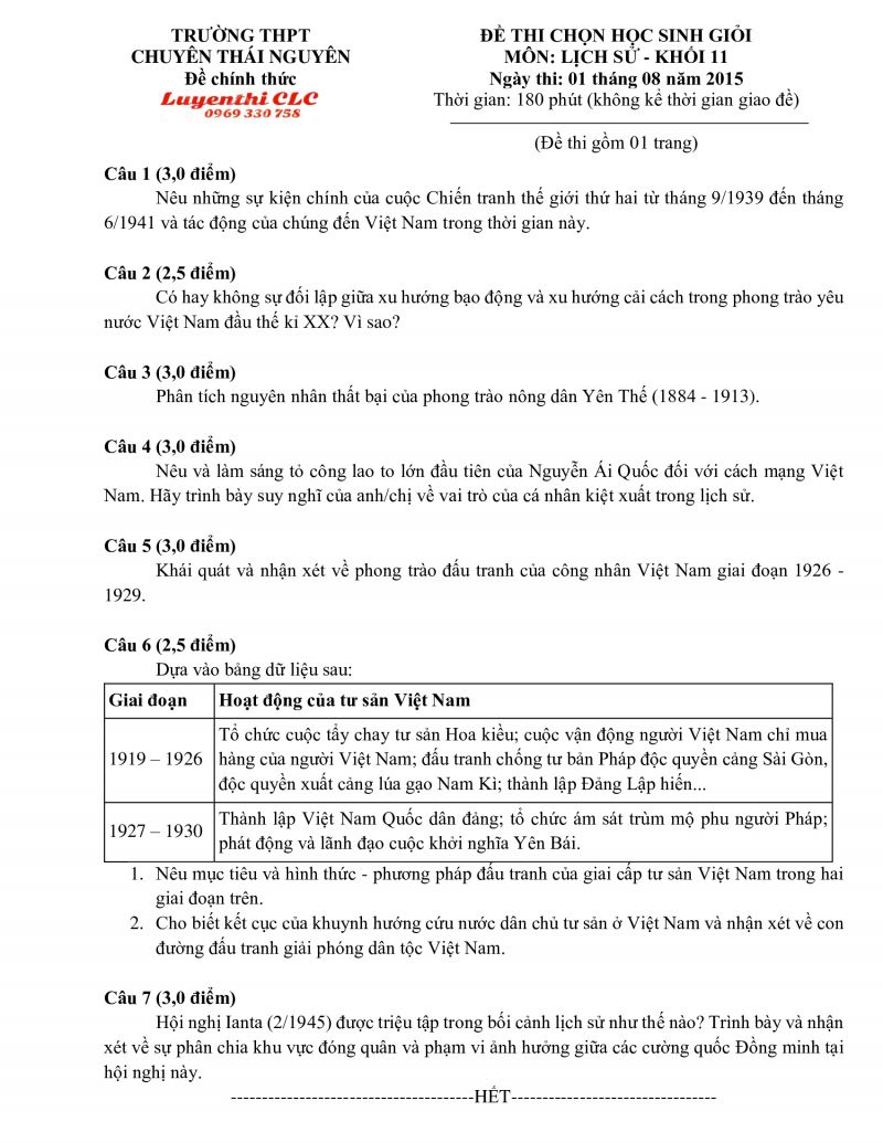 Đề thi chọn HSG m&ocirc;n Lịch Sử khối 11 Trường THPT CHUY&Ecirc;N Th&aacute;i Nguy&ecirc;n năm 2015