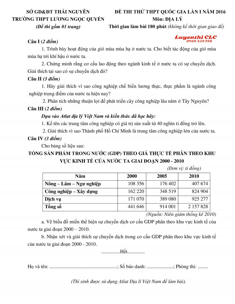 Đề thi thử THPT Quốc Gia lần 1 và đáp án môn Địa Lý tỉnh Thái Nguyên năm 2016