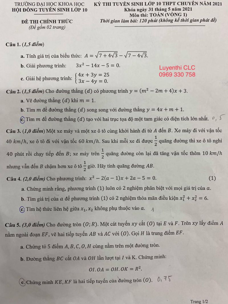 Đề thi tuyển sinh vào lớp 10 THPT CHUYÊN môn Toán ( Vòng 1 ) Trường Đại học Khoa học năm 2021
