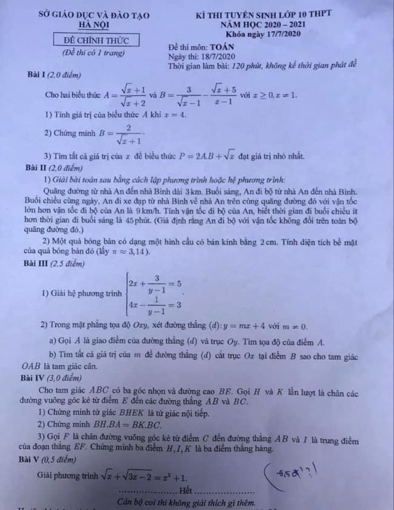 Đề thi tuyển sinh vào lớp 10 THPT môn Toán tại Hà Nội năm 2020