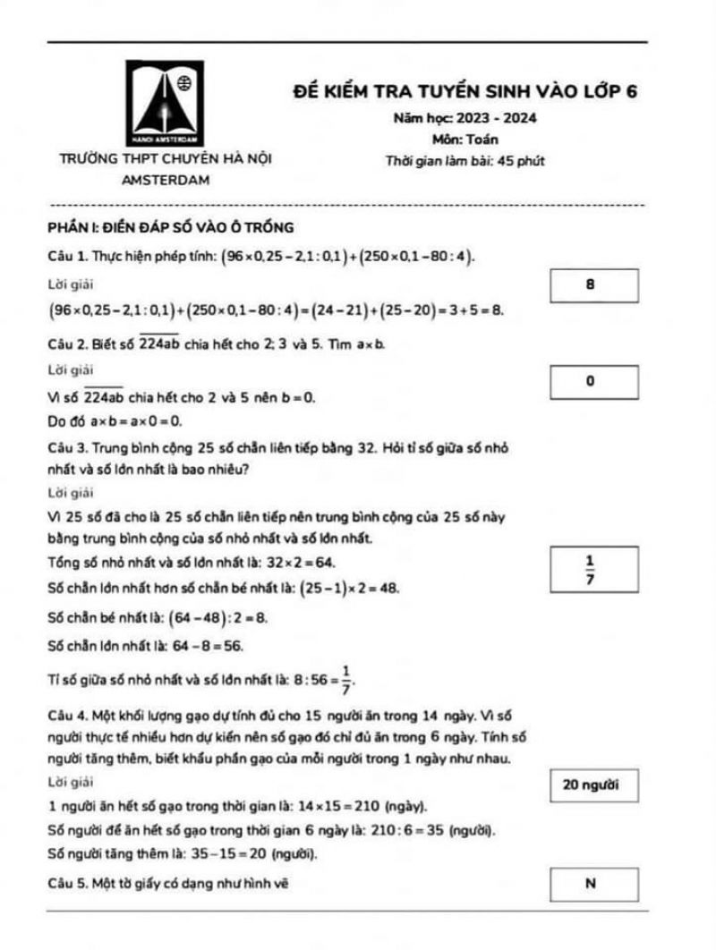 Đề kiểm tra tuyển sinh vào lớp 6 môn Toán Trường THPT CHUYÊN Hà Nội Amsterdam năm 2023