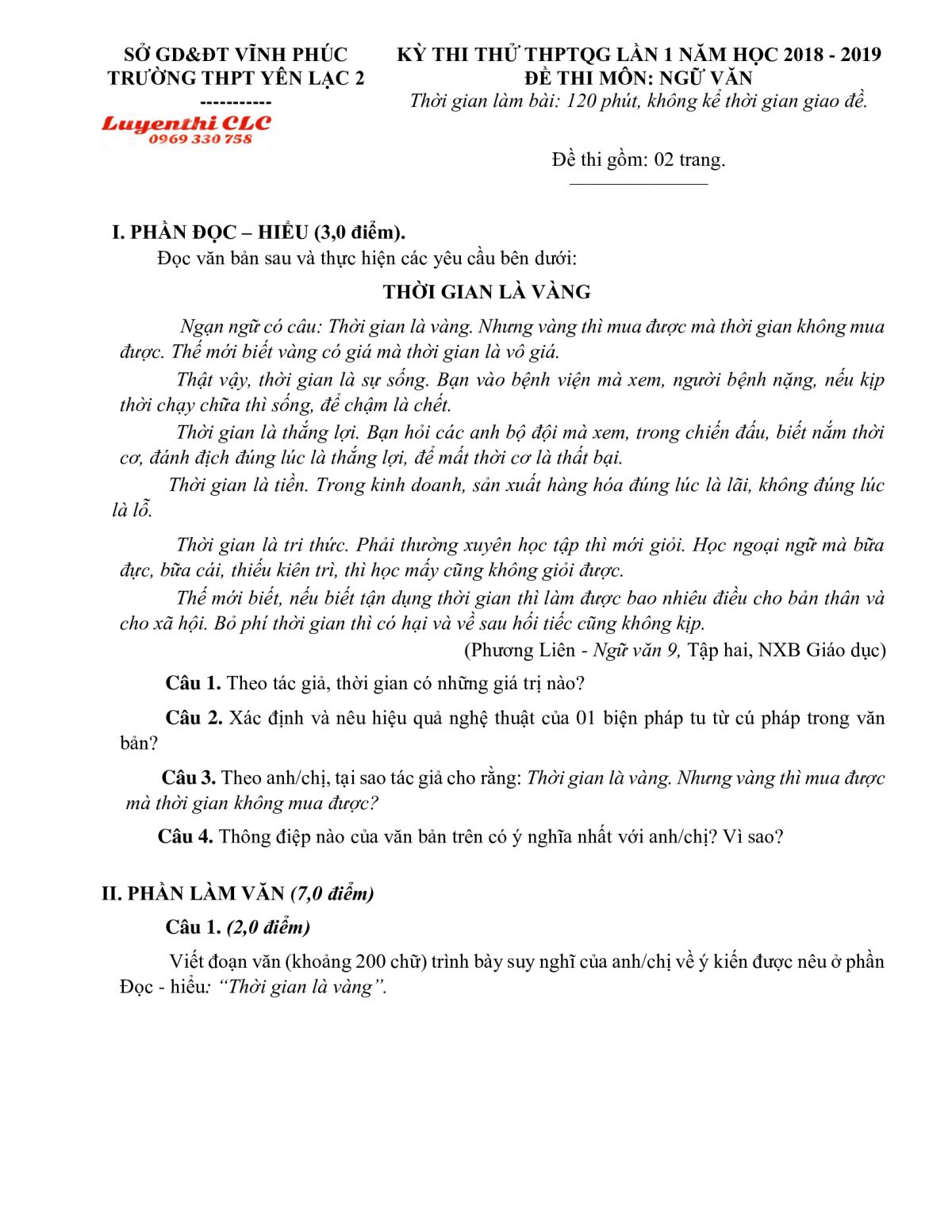 Đề thi thử THPT Quốc Gia lần 1  và đáp án môn Ngữ Văn Trường THPT Yên Lạc 2 tỉnh Vĩnh Phúc năm 2018