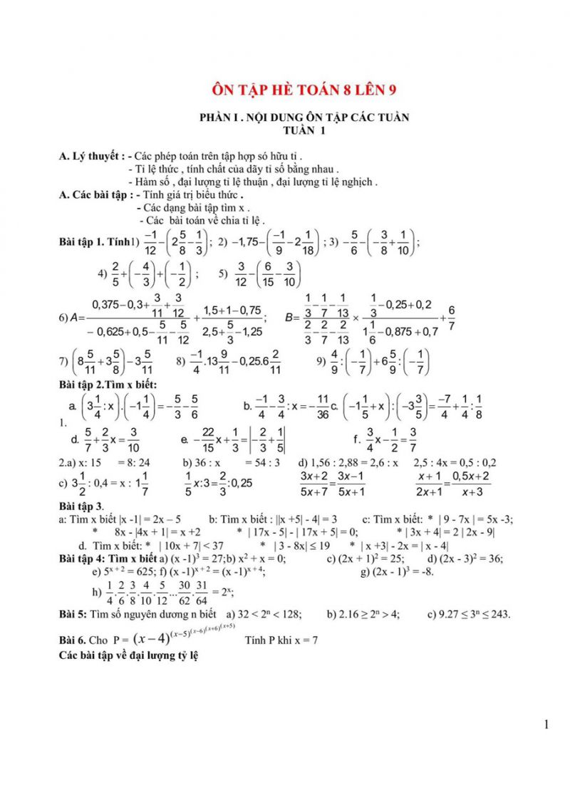 Một số nội dung &ocirc;n tập h&egrave; To&aacute;n 8 l&ecirc;n 9